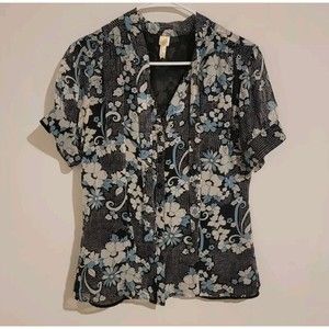 Silk Womens Blouse‎ Size Medium M Floral Band Collar Artsy Button Up Top